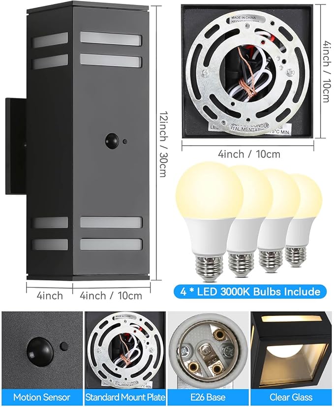 Zinola Motion Sensor Outdoor Lights 2 Pack, Modern Outdoor Wall Lights Black Exterior Lighting Fixtures, Square Motion Detector Lights for Outside, Waterproof Sconce for House Porch, Bulbs Included