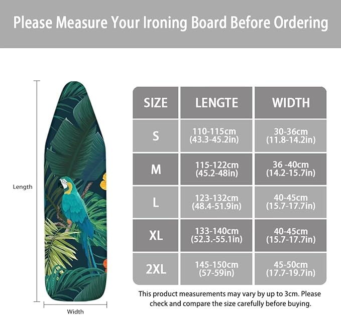 ZCFYGDX Ironing Board Cover Easy Install with Elastic Edge 3 Bottom Nylon Buckle Straps Breathable Ironing Decor Suitable for Wide Ironing Board House Decor Parrot Palm Leaf Print Size-2XL