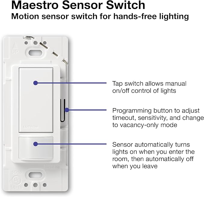 Lutron Maestro Motion Sensor Light Switch Indoor for Bathroom, Garage, Laundry Room, Any Bulbs, Occupancy Vacancy Sensor, Single-Pole, MS-OPS2-BL, Black