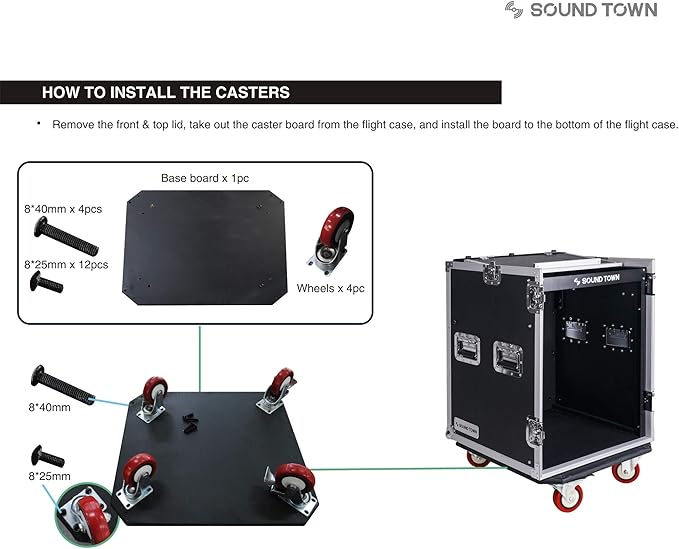 Sound Town Heavy-Duty 1/2" (12mm) Plywood 14U PA DJ Rack/Road ATA Case with 11U Slant Mixer Top, 20’’ Rackable Depth, DJ Work Table and Casters, 14 Space Size, Pro Tour Grade (STMR-14UWT)