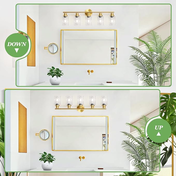 Guliaofo 5-Light Bathroom Vanity Lights, E26 Modern Brushed Gold Bathroom Light Fixtures with Clear Glass Shade, Mirror Kitchen Hallway Cabinet Living Room Sconces Wall Lights
