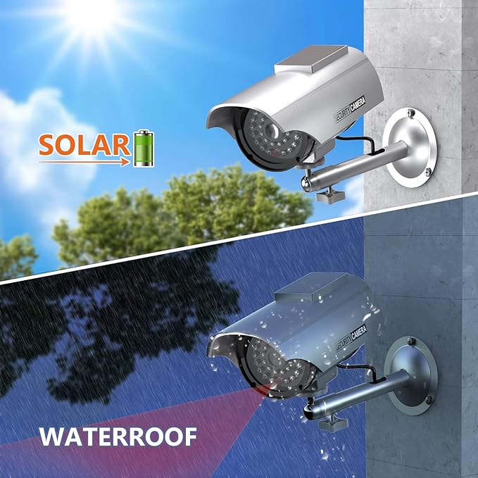 WALI Solar Powered Bullet Dummy Fake Simulated Surveillance Security CCTV Dome Camera Indoor Outdoor with 1 LED Light, Security Alert Sticker Decal (SOLTC-S4), 4 Packs, Silver