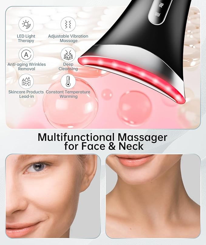 Dopsikn 7 Color Light Therapy Facial Massager with Adjustable Vibration and Thermals for Wrinkles, Double Chin, Red Light Skin Care Tool with Base, Black