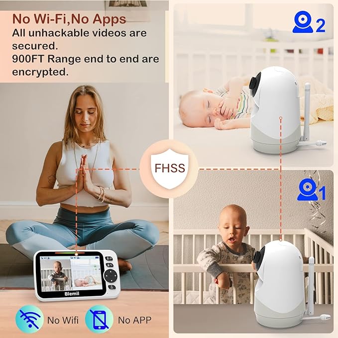 Blemil Upgrade Baby Monitor with 30-Hour Battery, 5" Large Split-Screen Video Baby Monitor with 2 Cameras and Audio, Remote Pan/Tilt/Zoom, Two-Way Talk, Room Temperature, Night Vision, 1000ft Range
