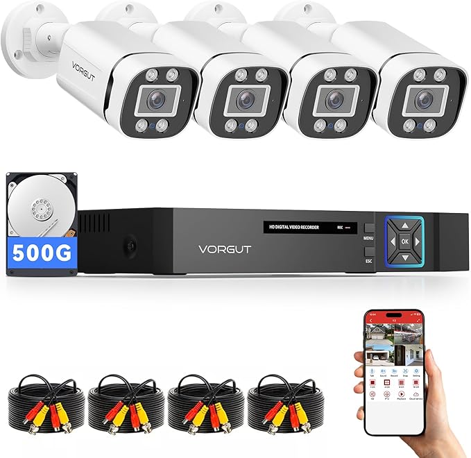 VORGUT Wired Security Camera System Outdoor, 4 Channel 5MP Lite AHD TVI DVR Recorder with 500G HDD, 4pcs Wired Surveillance CCTV Bullet Camera Indoor Outdoor, Smart Motion Detection, Night Vision