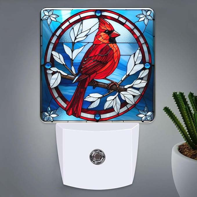 PODMemory Cardinal Stained Glass Night Lights Plug into Wall for Room, Cardinals Night Light LED for Bedroom