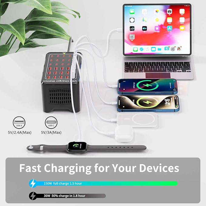 150W(30A) USB Charging Station, 30-Port USB C Charger Block, Multiple Desktop/Wall Fast Charger with Intelligent Protection Compatible with iPhone, iPad, Tablets, Smartphones