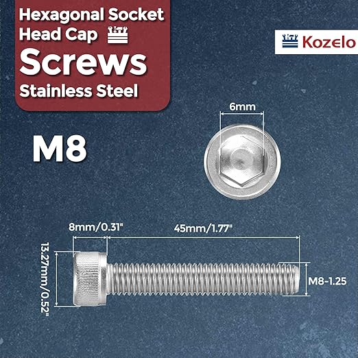 Kozelo 10pcs Socket Head Cap Screws - [M8-1.25 x 45mm] 304 Stainless Steel Allen Socket Drive for Electrical Motor 3D Printing Fan Engine Replacement Use, Silver
