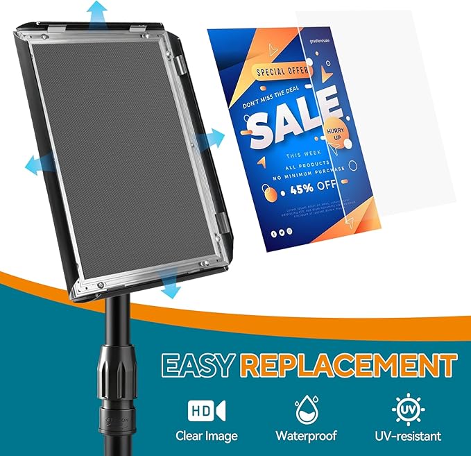 USCNC Sign Holder Stand 8.5x11 inch - Adjustable Floor Standing Sign Holder -Snap open frame,360° Rotation for Malls,Schools,Restaurants (Black 1 Pack)