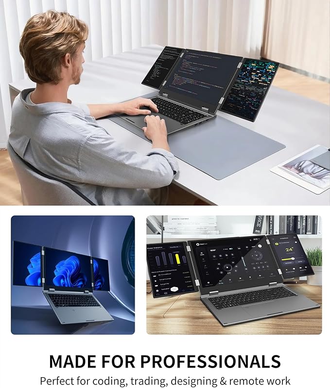 KOOFORWAY Triple Screen Laptop,16” Main + Dual 10.5” Monitors, Core i7-1270P, 32GB RAM,2TB SSD, Win 11 Pro,Wi-Fi 5,BT 5.0,Face & Fingerprint Unlock,USB-C,HDMI for Business/Design/Stock Trading