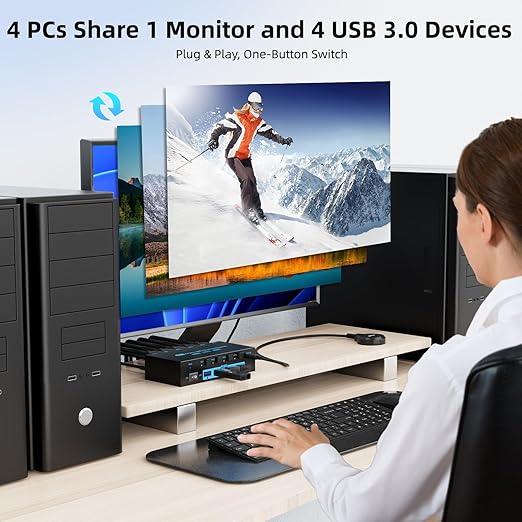 8K HDMI 2.1 KVM Switch 4 Computers 4 Port USB 3.0 8K@60Hz/4K@144Hz 4 In 1 Out Keyboard Mouse KVM Switches EDID Emulator for 4 PCs Share 1 Monitor and 4 USB Devices, with 4 USB 3.0 Cable & Wired Remote