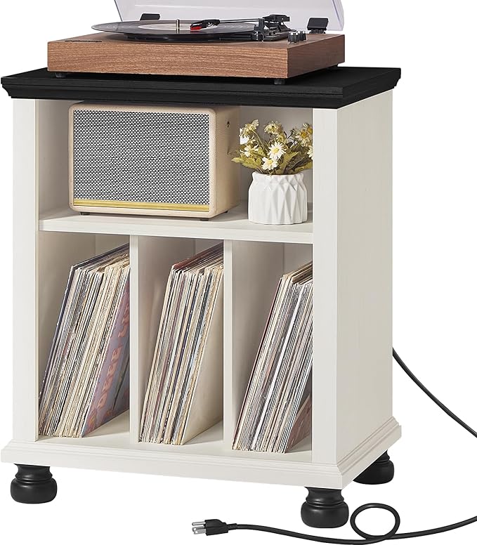Joaxswe Record Player Stand with Charging Station Up to 200 Albums, 24" Wide Mid-Century Record Player Table with Vinyl Record Storage,Large Wood Turntable Stand Dispaly Cabinet for Living Room,White