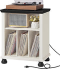 Joaxswe Record Player Stand with Charging Station Up to 200 Albums, 24" Wide Mid-Century Record Player Table with Vinyl Record Storage,Large Wood Turntable Stand Dispaly Cabinet for Living Room,White
