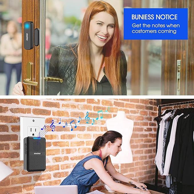 Stechro Door Chime, Wireless Door Alarm Sensor with 600ft Range, 62 Chimes 5 Adjustable Volumes for Business/Home/Office/Stores (2 Sensors+2 Receivers)