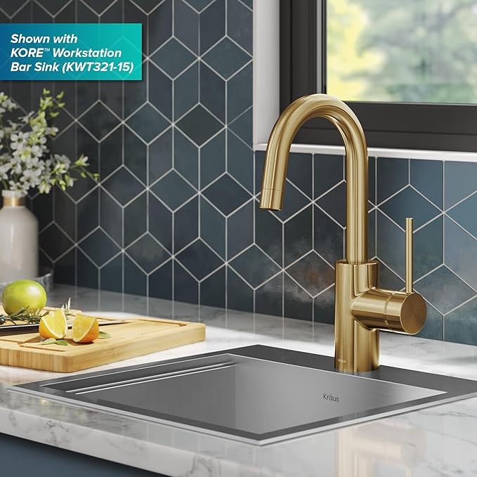 KRAUS Oletto Single Handle Kitchen Bar Faucet with QuickDock Top Mount Assembly in Brushed Brass, KPF-2600BB