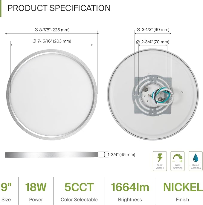 ASD LED 9" Round Flush Mount Ceiling Light Fixture, Low Profile Surface Lighting | 5CCT, Dimmable, Ultra-Thin, ETL Listed | 18W 1660LM 2700-6000K 120V | Kitchen, Bedroom, Hallway Lamp | Nickel, 6 Pack