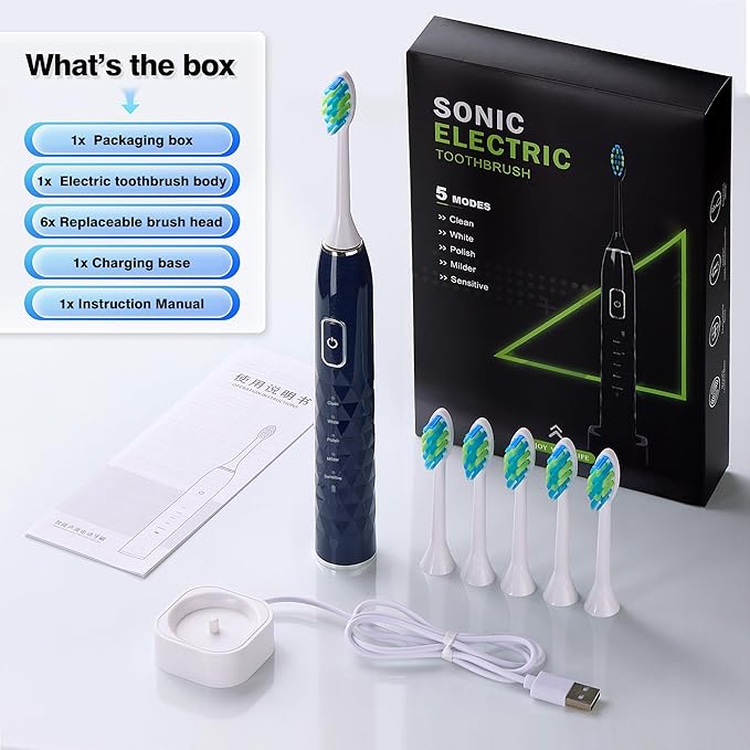 ZUAMEGU Sonic Electric Toothbrush for Adults - Deep Cleaning Teeth Whitening6 Replacement Brush Heads100-Day Battery5 Modes w/SensitiveIPX7 Waterproof (Color Options)