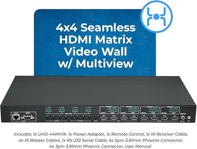OREI 4K 4x4 HDMI Matrix Video Wall Controller Processor Multiviewer Display Upto 4K 60hz 2x1, 1x2, 1x3, 1x4 Supports 180 Degree Rotate RS-232 Audio Extraction (UHD-44MVW)