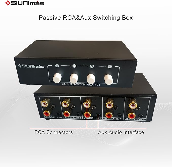 SIUNIMAS 4-in 1-Out RCA and 3.5mm Aux Audio Receiver Switching Box 4 Channels Audio Converter Passive Audio Selector Switch Box 1-in 4-Out (S401-RCA AUX)