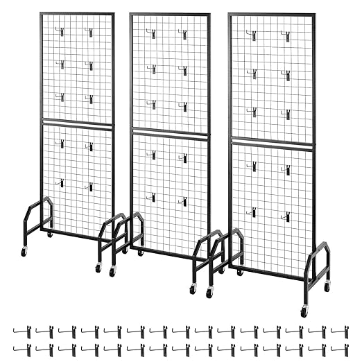 VEVOR 3 Packs Grid Wall Panels, 1.9 x 5.4 ft Wire Grid Panels Display Rack, Movable Art Display Shelf with Wheels and 30 Hooks, Black Carbon Steel Gridwall for Craft Show, Decor, Storage, Notice Board