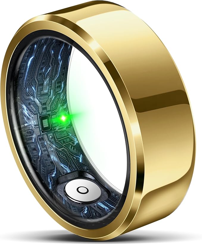 Smart Ring for Women Men, Fashion Minimalist Fitness Ring & Sleep Tracker Ring with Heart Rate, Blood Pressure, Waterproof Health Rings, Valentine's Day Gifts for Women, No Subscription (Size 8, Gold)