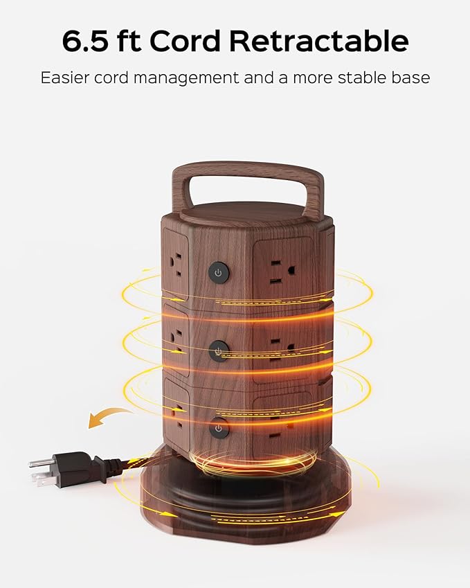 JACKYLED Power Strip Tower Surge Protector with 6.5ft Extension Cord 6 USB Ports and 12 AC Outlets Electric Charging Station for Home Office Dorm Desktop Computer Walnut and Black