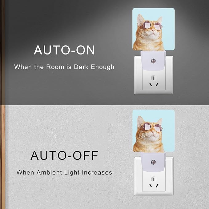 Smoaffly Glasses Cat Night Light Plug-in LED Nightlights Auto Sensor Night Lamp Dusk-to-Dawn Lamp Home Decor for Nursery Children Girls Boys