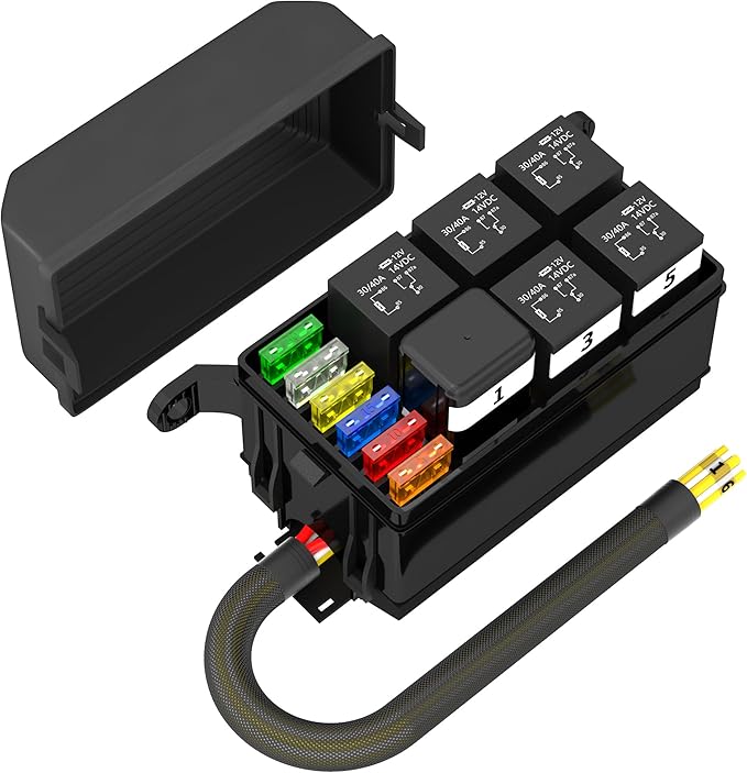 Fuse Box 12V Relay Box 6 Way Automotive Waterproof Relay Fuse Box Pre-Wired Relay Panel with 6 Relays and 6 ATC/ATO Blade Fuses for Car Truck Jeep Boat