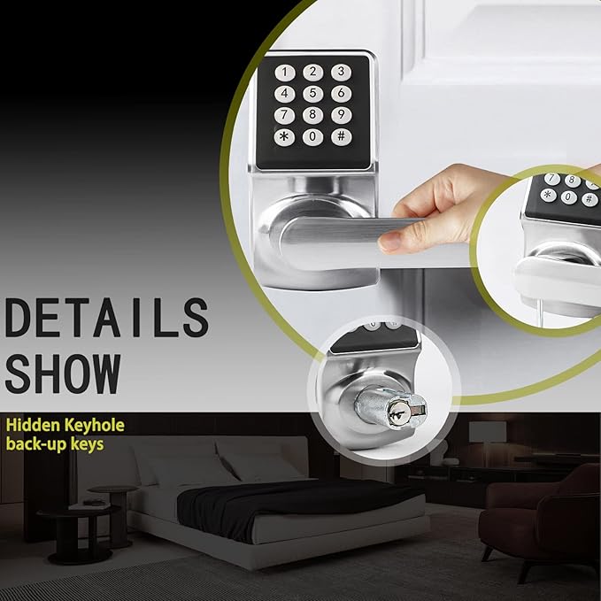 BAOLONG Keyless Entry Door Lock, Electronic Keypad Lock with Handle, Digital Lock with Keypads, IC Card and Key, Easy Installation for Home, Hotel, Satin Nickel