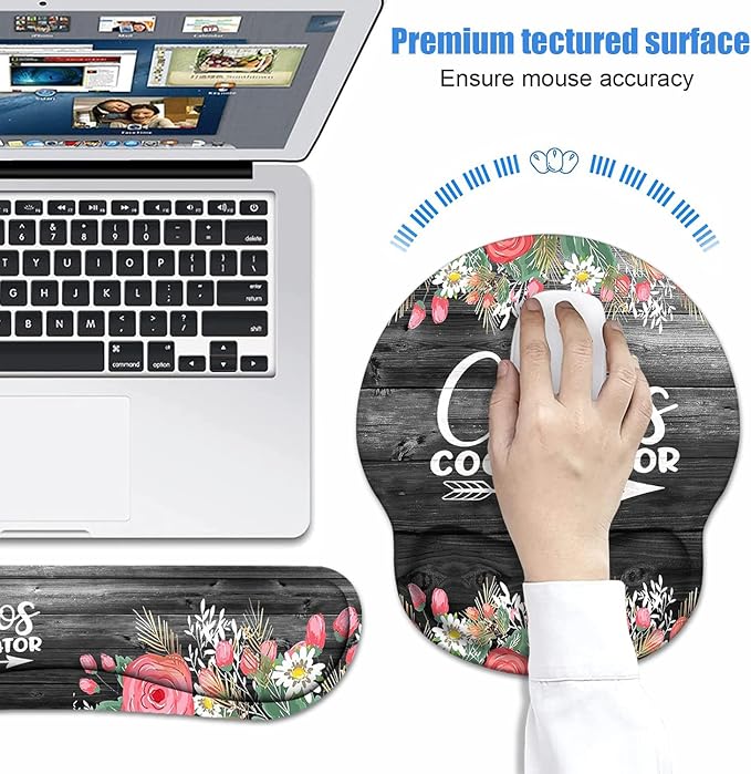 Keyboard Wrist Rest + Mouse Pad Wrist Support Set with Coasters, Chaos Coordinator Quotes Colored Floral Wreath Print Wrist Mouse Pad with Non-Slip PU Base for Home Office Working Studying