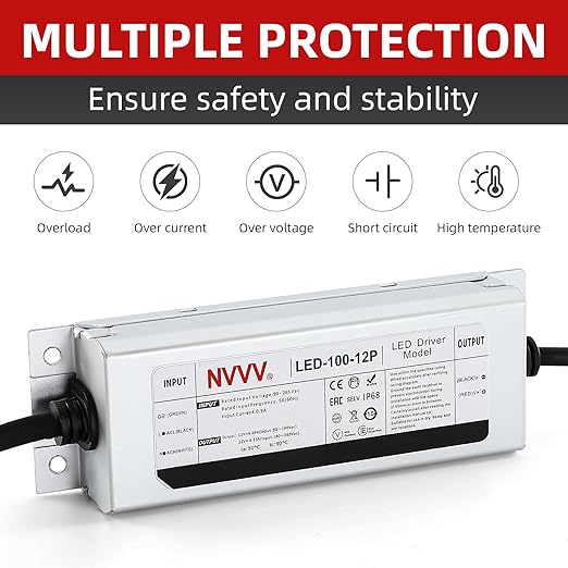 12V LED Driver 100W Waterproof IP68 Power Supply Low Voltage Transformer Adapter AC 100V-120V to 12V DC Converter for LED Lights for Bedroom, Indoor Outdoor Lighting Built-in Active PFC Function