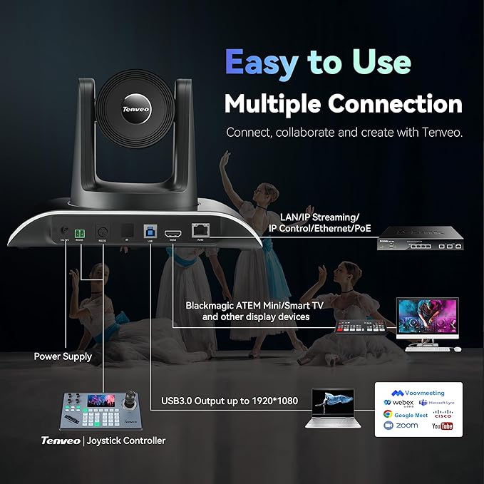 Tenveo HDMI/USB3.0/LAN(PoE) PTZ Camera AI Humanoid & Face Auto-Tracking, 20X Optical Zoom PTZ Camera IP Live Streaming, FHD 1080P 60FPS, for Church Services Worship Video Conference Live Streaming
