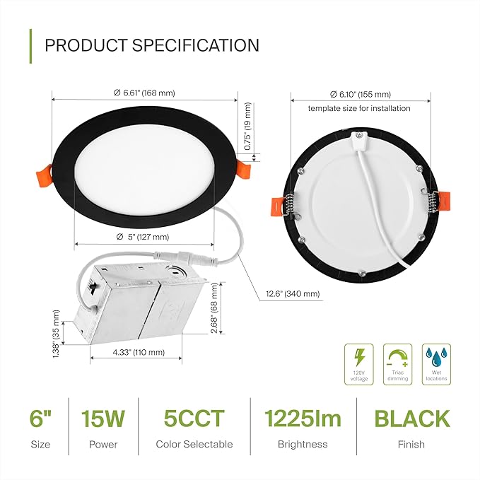 ASD 1 Pack LED Recessed Lighting 6 Inch 15W, 5 CCT 2700K-5000K CRI90+, IC Rated Ultra Thin Dimmable Ceiling Lights with J Box, Canless Wafer Downlight, Round Slim Panel Light, UL Energy Star, Black