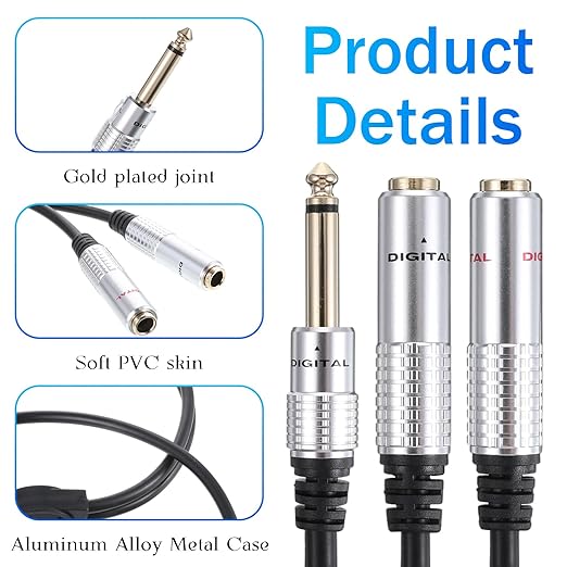 6.35mm TS Guitar Signal Audio Y Splitter Cable, 1/4 Inch Mono Male to Dual Mono Female Jack Adapter with Gold Plated Connectors, Audio Y-Adapter for Microphone Speaker HiFi System Guitar(50cm/1.6ft）