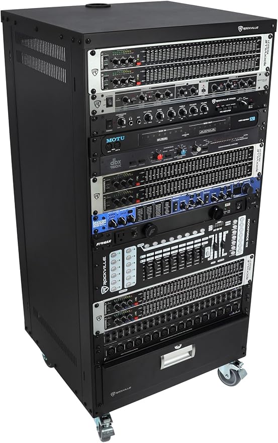 Rockville RR20U 20U Live Sound/Recording Studio Rack Case with Wheels, Reversible Rack Rails, Front & Rear Mounting, Cable Management Ports, 440lb Capacity