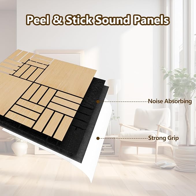 ARMURO 4 Packs Acoustic Wall Panels - Self-Adhesive 3D Wood Slat Wall Panel- Peel and Stick Sound Absorbing Panels for Noise Reducing - Feature Wall Decor for Home & Office