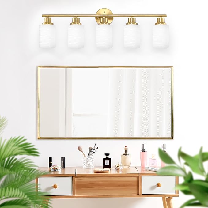 Guliaofo 5-Light Vanity Lights, Brushed Gold Bathroom Light Fixture with Striped Textured Milky White Glass Shade, E26 Modern Vanity Lighting Fixture for Bathroom Wall Sconce Light Over Mirror