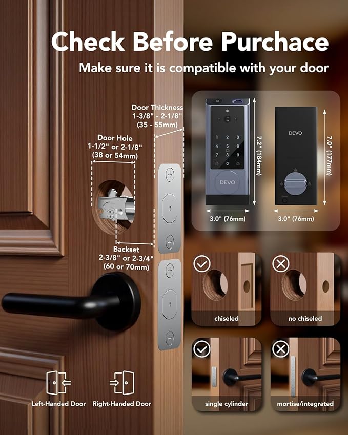 Devo G1 Video Smart Lock with Camera&Doorbell, 6-in-1 Keyless Entry Door Lock Deadbolt with Handle Set, App Remote, Fingerprint ID, Auto Locks, Built-in Wi-Fi Smart Deadbolt for Front Door