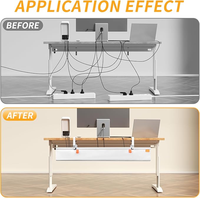 SUREUP9 No Drill Under Desk Cable Management Tray, 48" Cord Organizer with Clamp, Fabric Cable Management for Standing Desks, Ideal for Home & Office - White