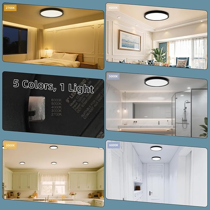 TOPELER Black Slim LED Surface Mount Ceiling Light, 9inch Dimmable Round Flat Panel Lights, 24W 2000Lm, 5CCT Selectable Low Profile Ceiling Light Fixtures for Hallway, Kitchen, Porch, 2 Pack