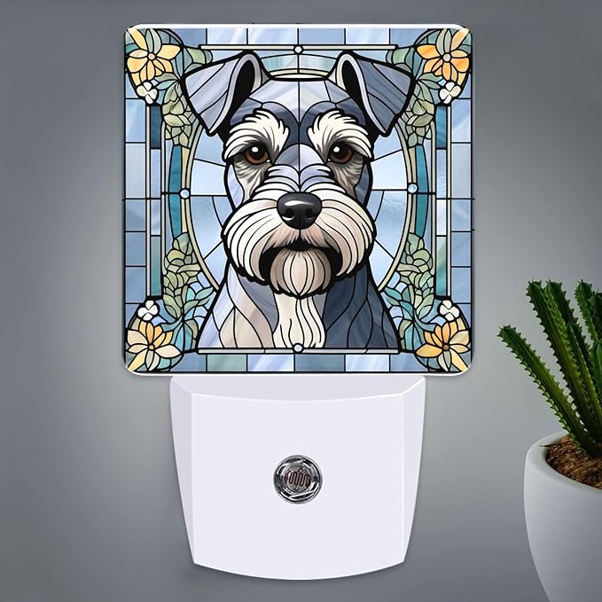 PODMemory Miniature Schnauzer Stained Glass Night Lights Plug into Wall for Room, Miniature Schnauzer Night Light LED for Bedroom
