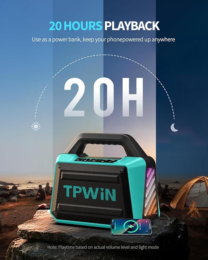 TPWIN Powerful 80W Outdoor Bluetooth Speaker: IPX6 Waterproof, Rugged, 20H Playtime, Deep Bass, Lightshow, TWS, BT 5.3 Wireless, Portable for Travel Hiking Camping Beach Pool - Teal