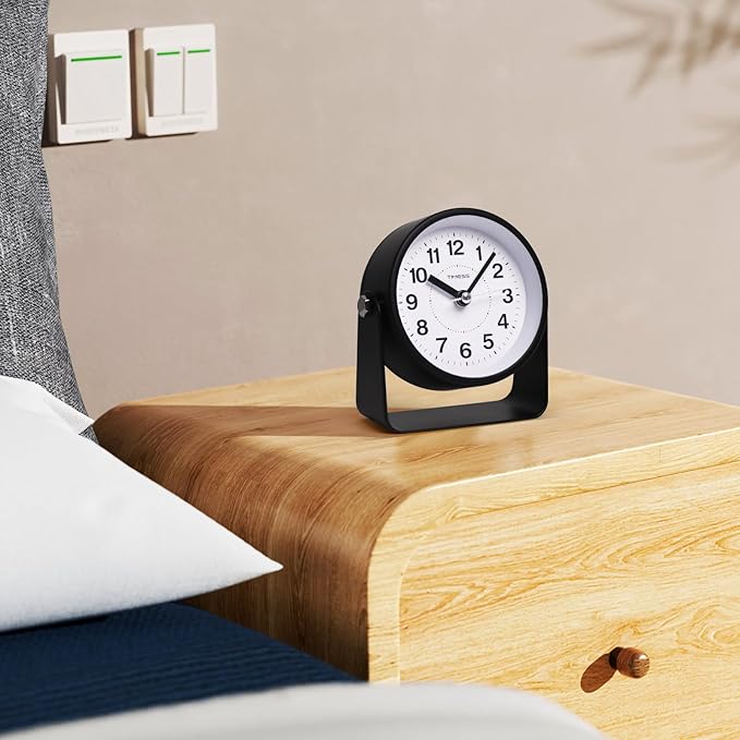 TIMESS Analog Alarm Clock, Silent Non-Ticking Quartz Movement, Battery-Operated with Snooze & On-Demand Light, Easy to Set Gentle Wake Bedside Desk Clock, Ideal for Home, Travel, Office (Black)