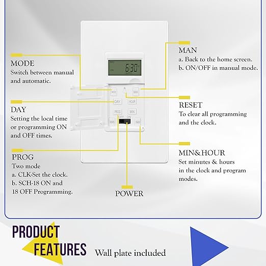ENERLITES Programmable Digital Timer Switch for Lights, Fans, Motors, 7-Day 18 ON/OFF Timer Settings, Single Pole, Neutral Wire Required, UL Listed, HET01-C, White, 4 Pack