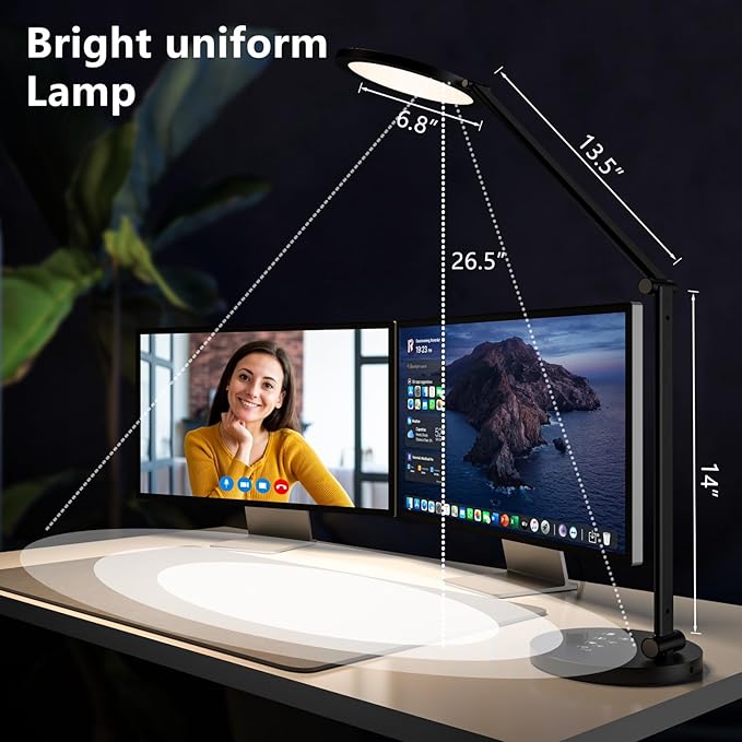 ANNAITE LED Desk Lamp for Home Office, Eye-Caring Modern Desk Light, 3 Color Temperature 10 Brightness Computer Light, Dimmable Desk Light with Memory & Timer Func, Metal Swing Arm Table Lamp (Black)