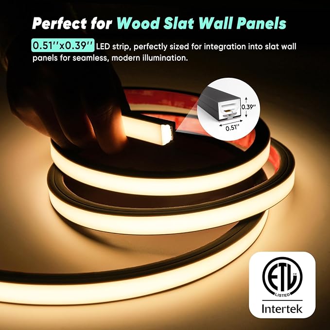 GZBtech Flexible LED Recessed Strip Light for Wood Slat Wall Panels 9.84FT, 3000K Warm White Cuttable Neon Rope Lighting with Remote Control, Dimmable IP67 Waterproof Black Strip Lights, ETL Listed