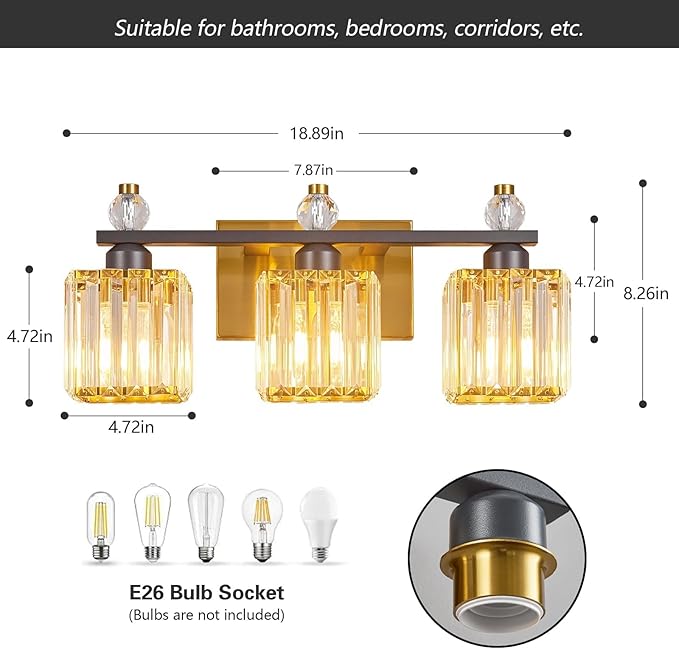 FDPBY 3-Light Modern Crystal Vanity Light - Black Gold Bathroom Light Fixtures Over Mirror