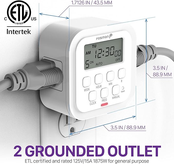 Fosmon 7 Day Digital Timers for Electrical Outlets, Indoor Plug-in Light Timers Switch Programmable, Electric Wall Plug for Lamp, Grow Reptile Lights, Aquarium, 15A/1875W, Grounded- 2 Pack