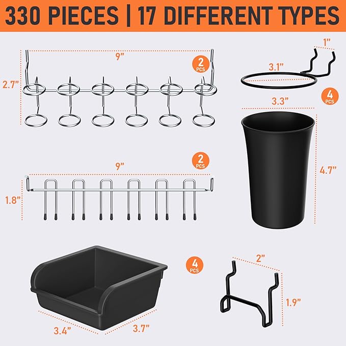 INCLY 280PCS Upgraded Pegboard Accessories Organizer Kit, Peg Board Hooks Assortment with Bins & Cups for Organizing Tools, Fit 1/8 or 1/4 inch Pegboard for Garage Workshop Wall Hanging Tools