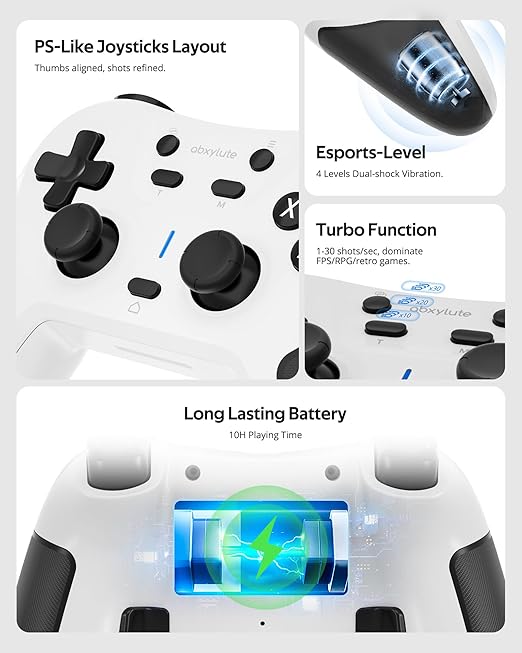 abxylute C5P Wireless Gaming Controller for PC/Switch/iOS/Android/PS3/PS4/Steam/MAC, 2.4 GHz Hall Effect Stick & Trigger Turbo-Remappable Back Buttons Rubberized Grip Console Layout Gamepad Vibration